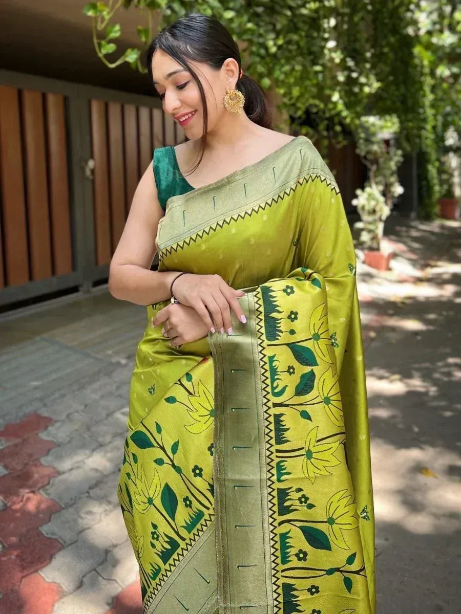 Green floral printed saree with matching blouse, perfect for ethnic occasions