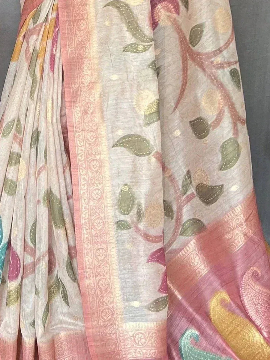 Elegant floral print saree with pink border, perfect for Indian ethnic wear occasions