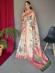 Bewitching Off-White & Pink Digital Printed Silk Festival Wear Saree