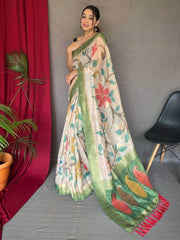 Stunning Off-White & Green Zari Weaving Silk Traditional Saree