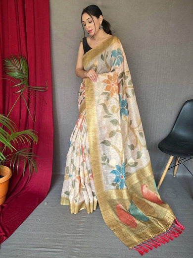 Astonishing Off-White & Golden Digital Printed Silk Event Wear Saree