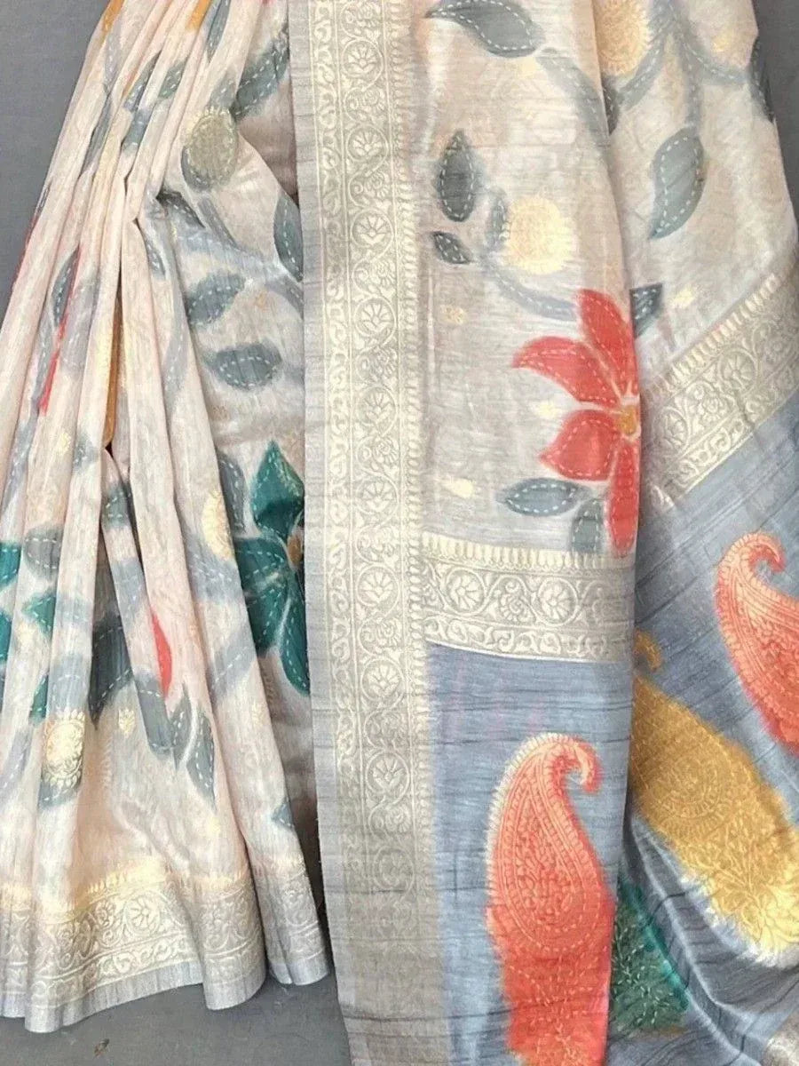 Elegant floral and paisley printed saree with intricate border, perfect for ethnic occasions