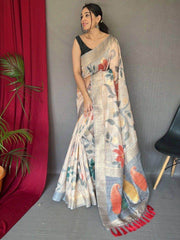 Amazing Off-White & Grey Digital Printed Silk Traditional Saree