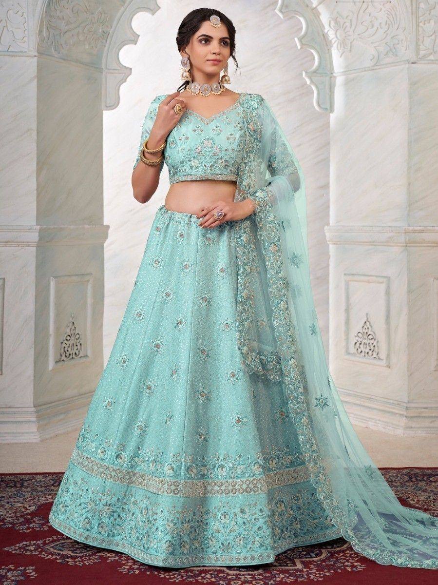 Mint green embroidered lehenga choli with dupatta, Indian ethnic wear for weddings and festivals