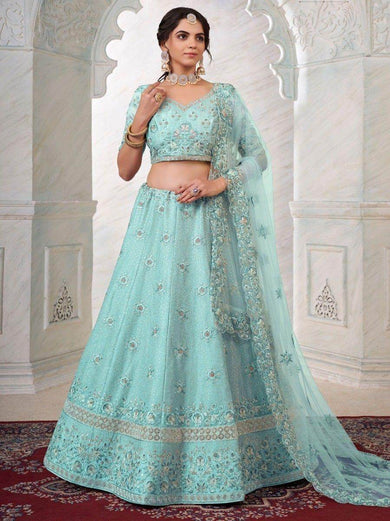 Wonderful Turquoise Embroidered Art Silk Cocktail Wear Lehenga Choli
