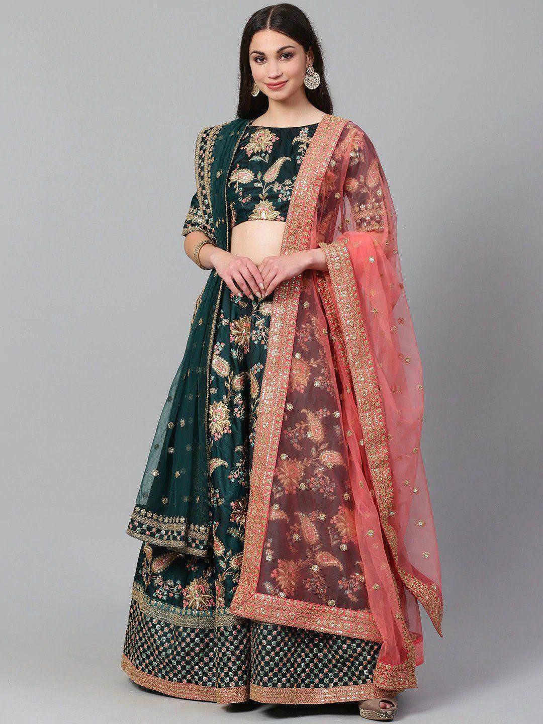 Emerald green floral embroidered lehenga choli with peach dupatta, Indian ethnic wear