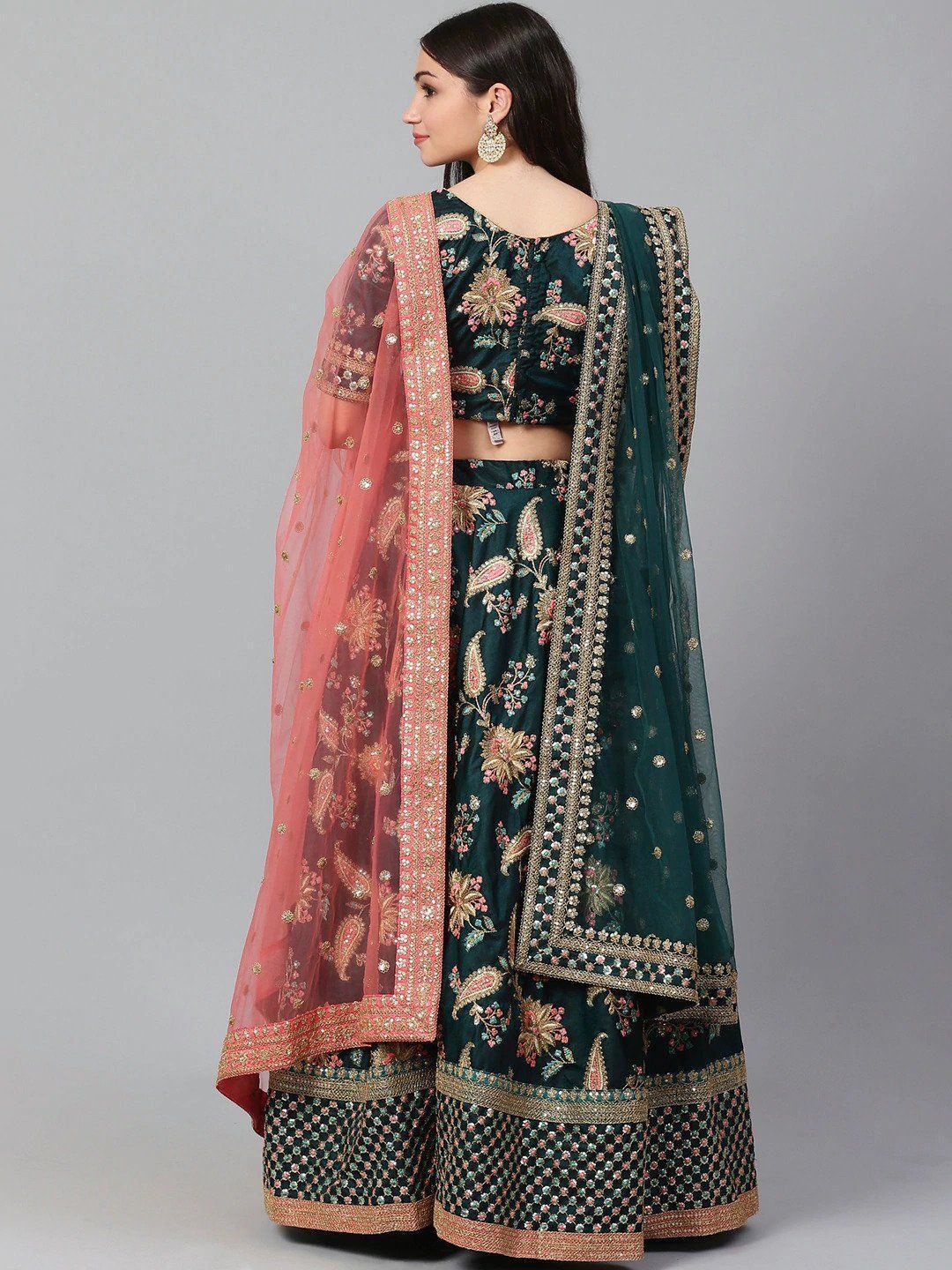 Green Semi-Stitched Myntra Lehenga & Unstitched Blouse with 2 Dupattas