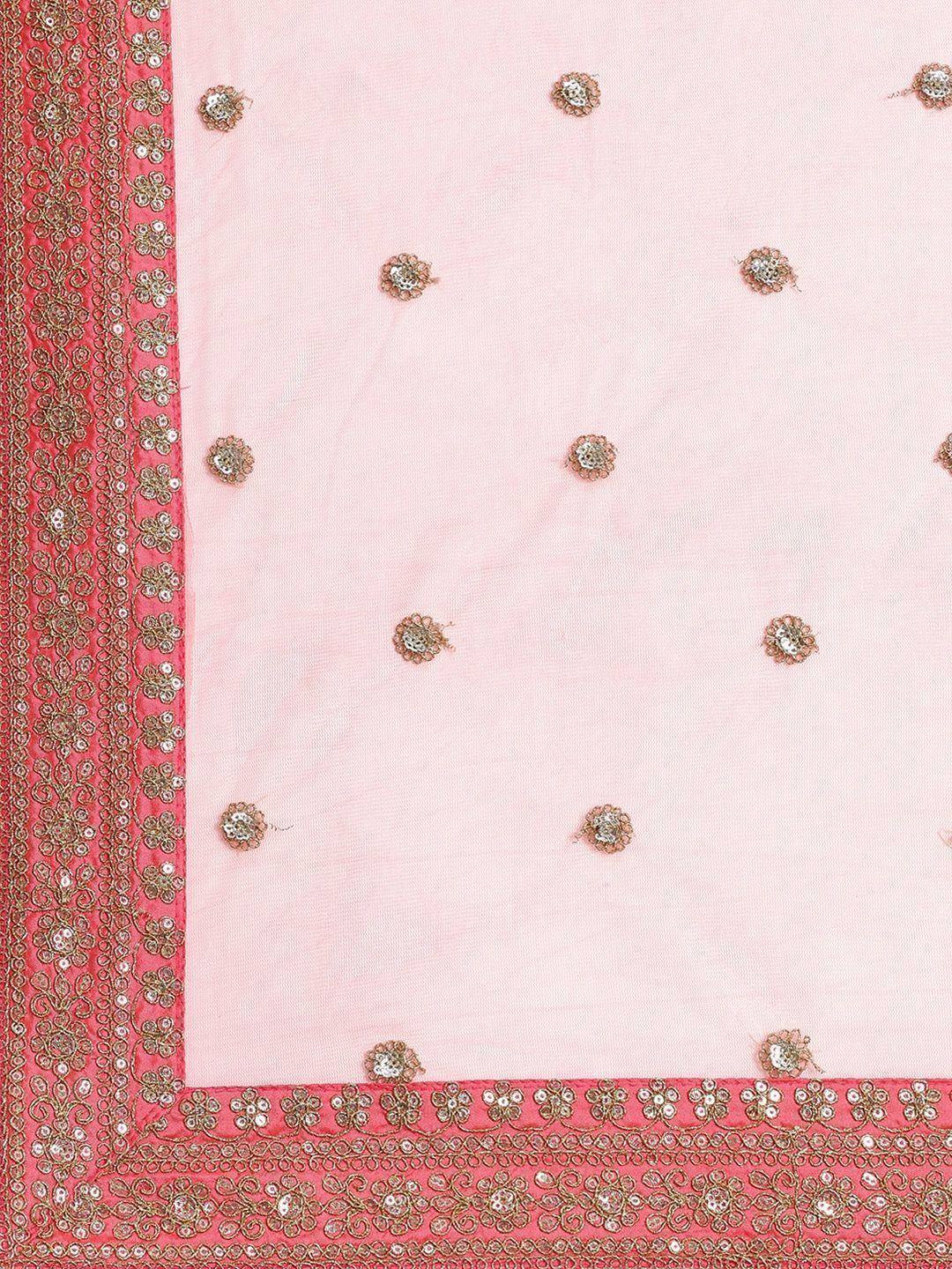 Pink ethnic dupatta with gold floral embroidery and sequin border, perfect for lehenga or saree