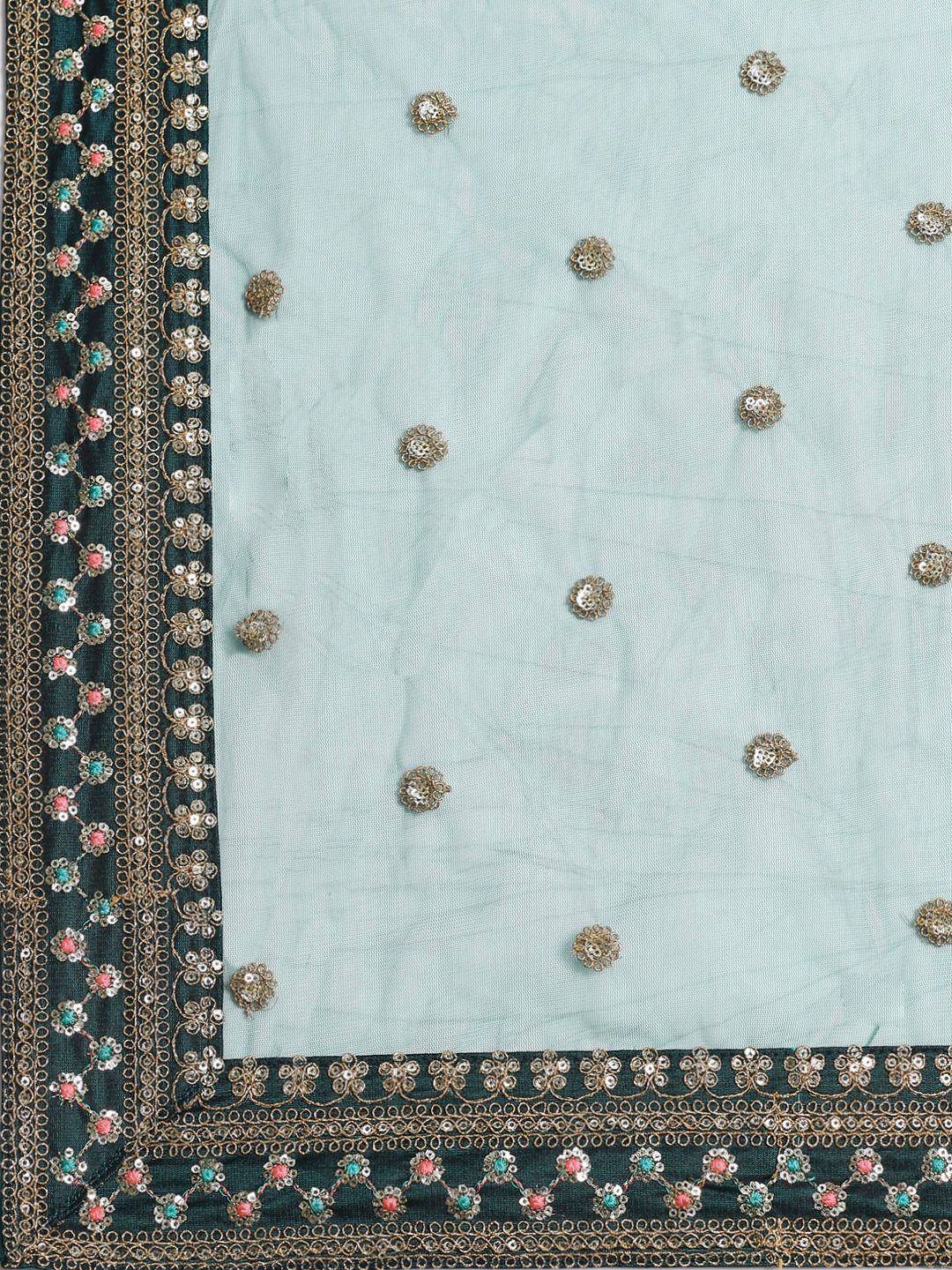 Light blue ethnic dupatta with gold floral embroidery and dark green border, perfect for Indian wear
