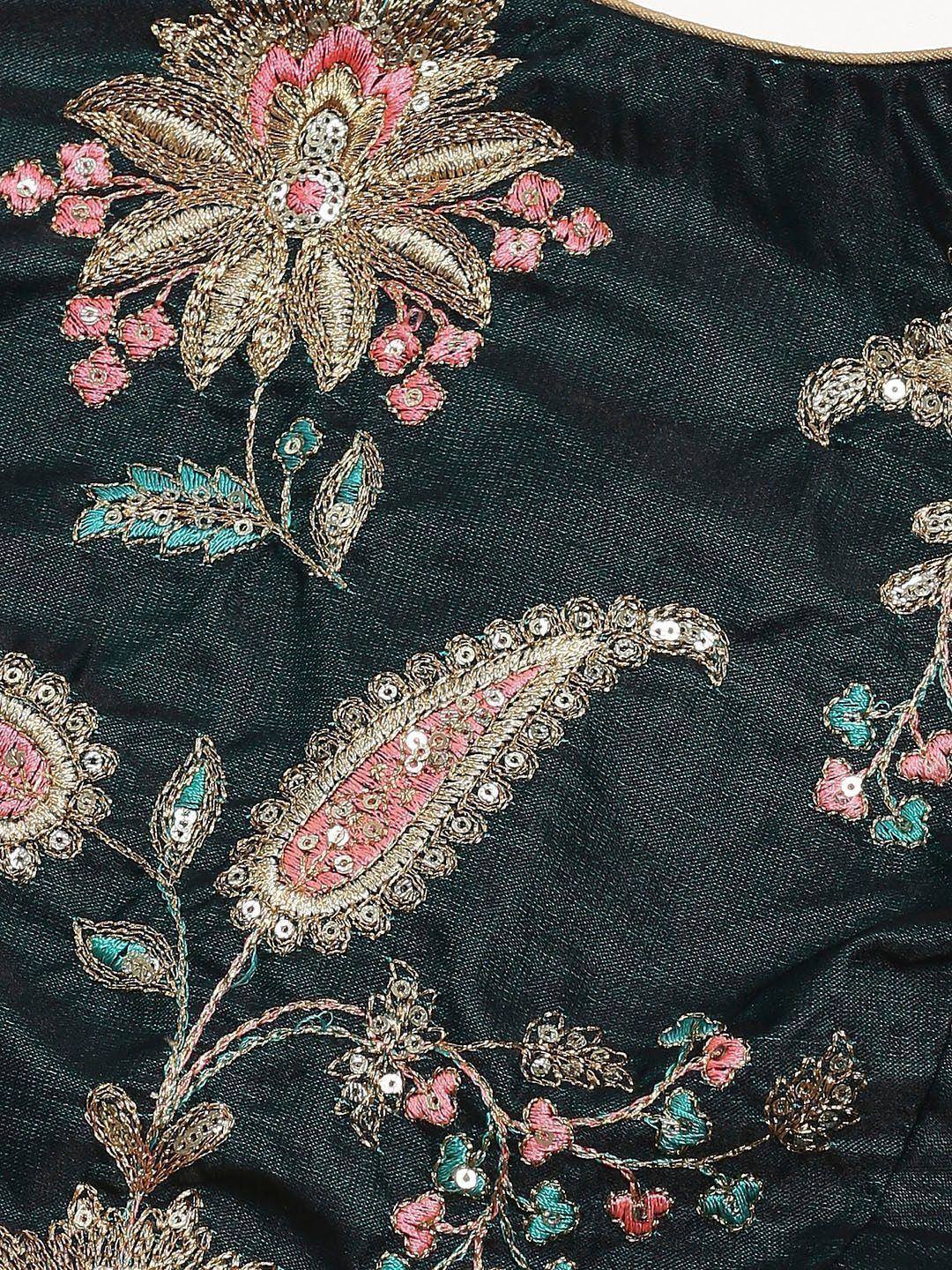 Black ethnic wear with gold, pink, and teal floral embroidery and sequins