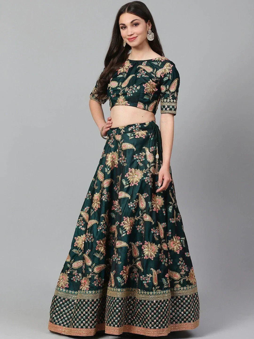 Green Semi-Stitched Myntra Lehenga & Unstitched Blouse with 2 Dupattas