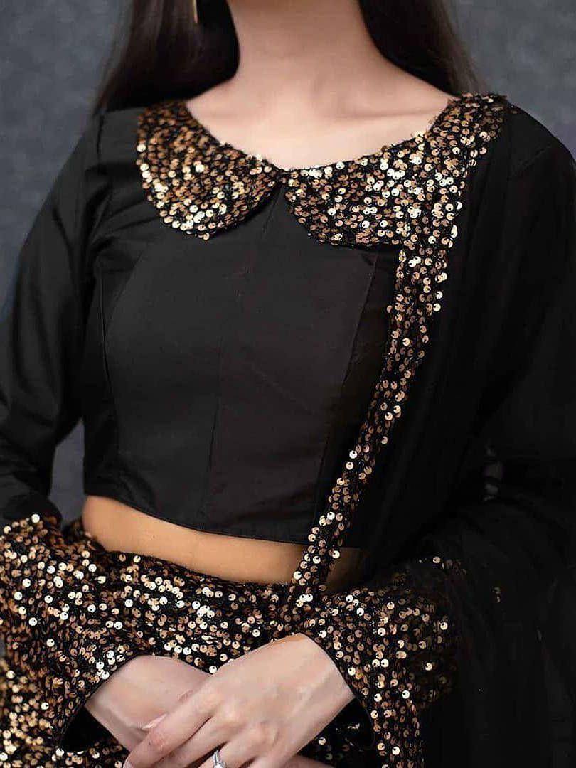 Black crop top with gold sequin Peter Pan collar and matching sequin sleeves, ethnic wear