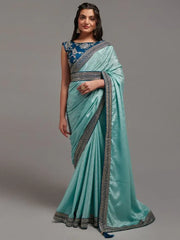 Beautiful Sky-Blue Embroidered Chinon Party Wear Saree With Blouse