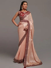 Charming Peach Embroidered Chinon Party Wear Saree With Blouse