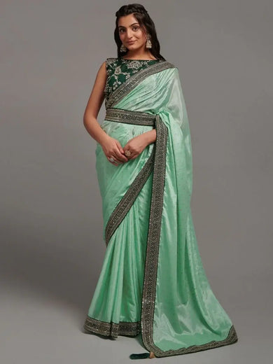 Attractive Green Chinon Embroidered Party Wear Saree With Blouse