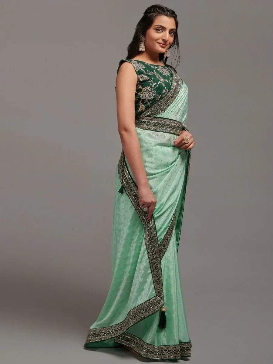 Mint green saree with embroidered blouse and zari border, Indian ethnic wear
