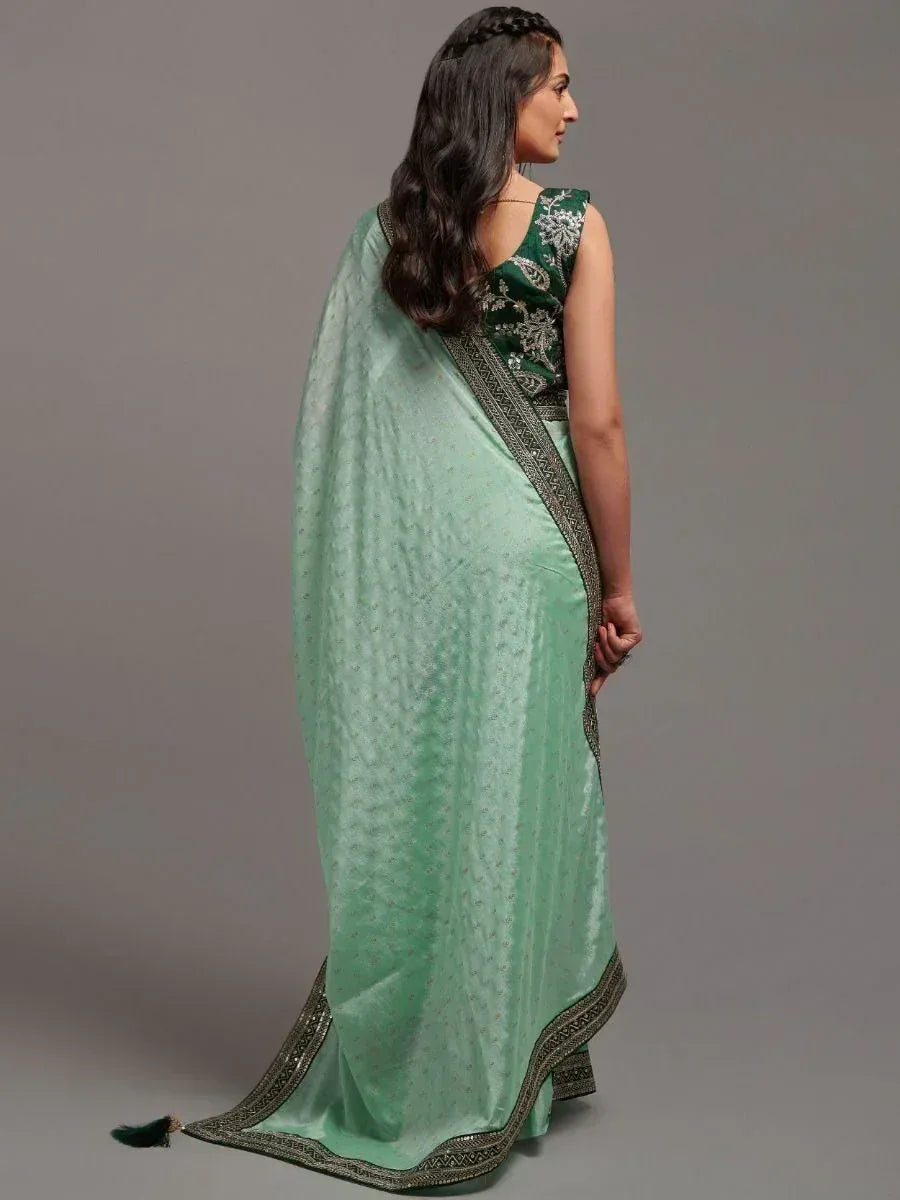 Mint green saree with embroidered border and dark green blouse, Indian ethnic wear