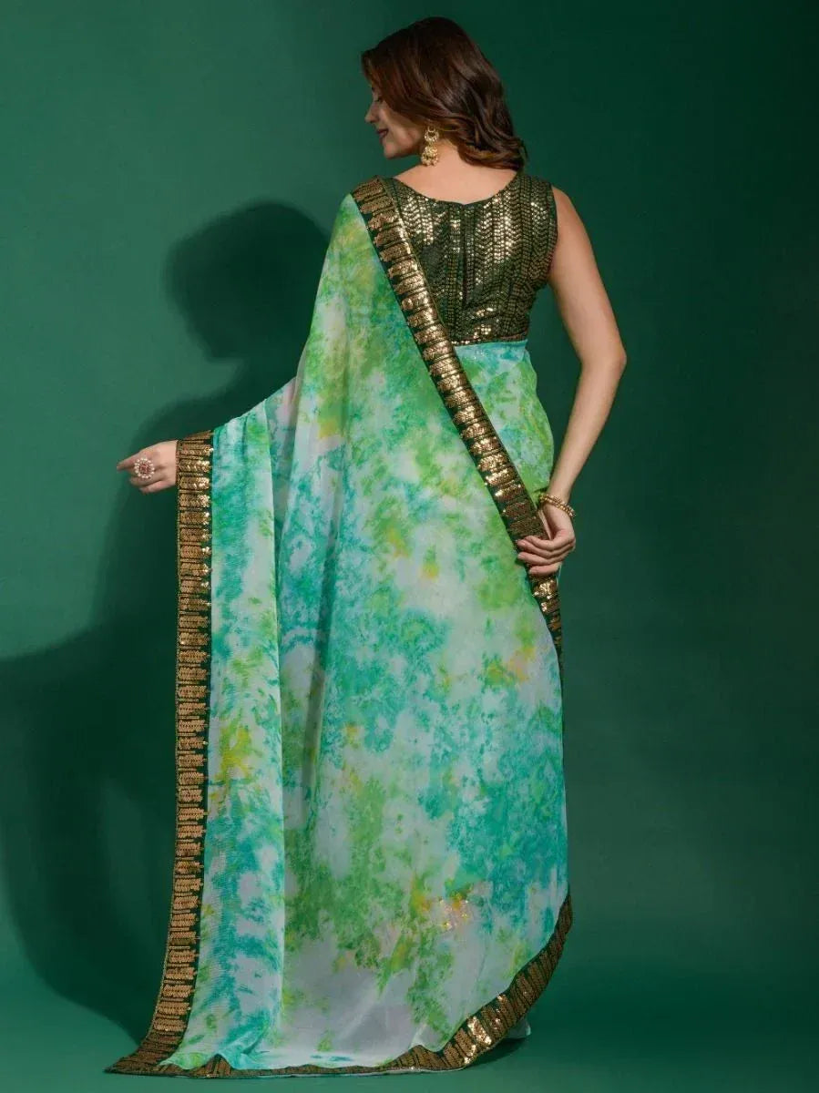 Green tie-dye saree with gold border and sequin blouse, Indian ethnic wear