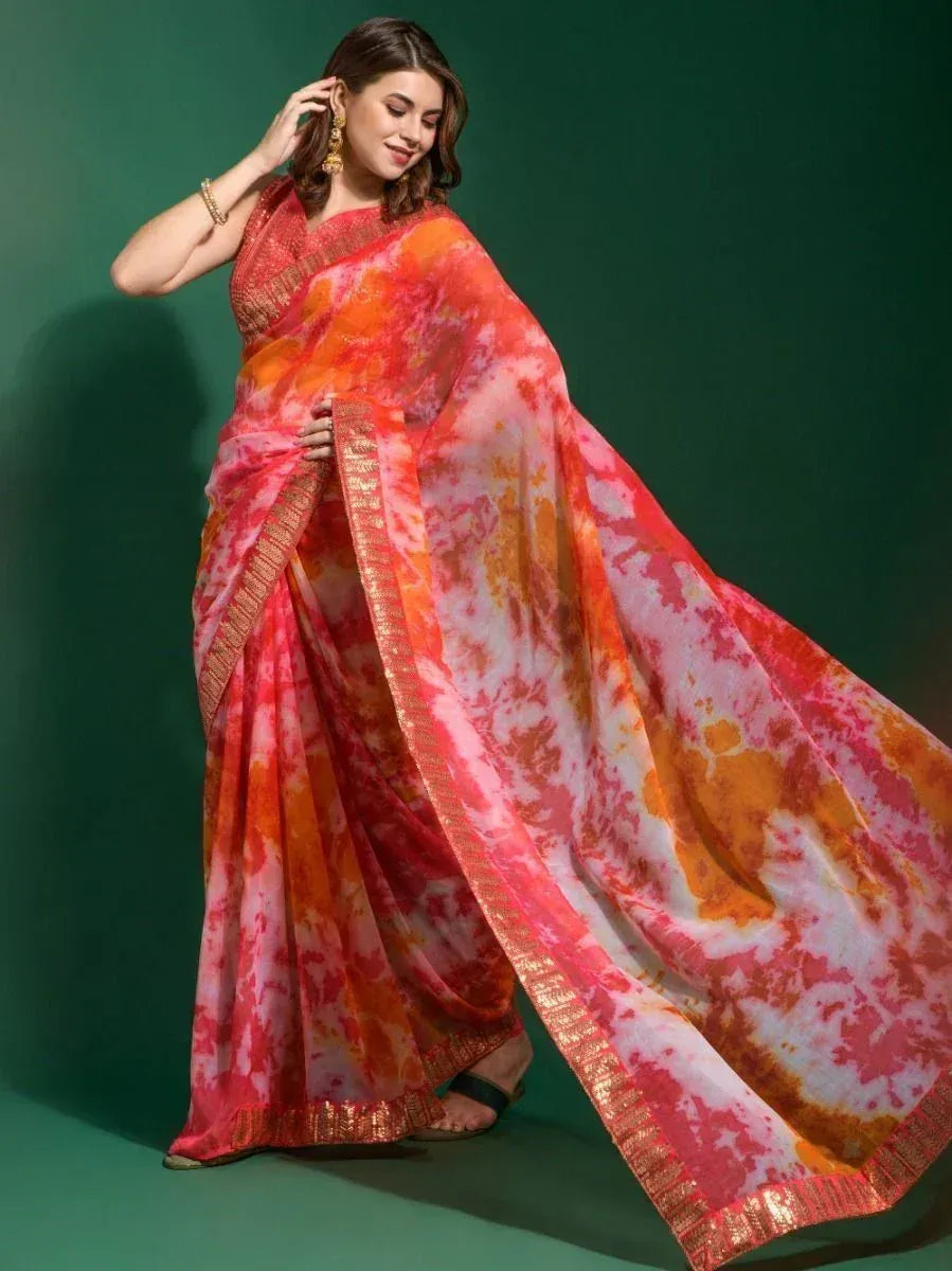 Vibrant tie-dye saree with gold border, Indian ethnic wear for women