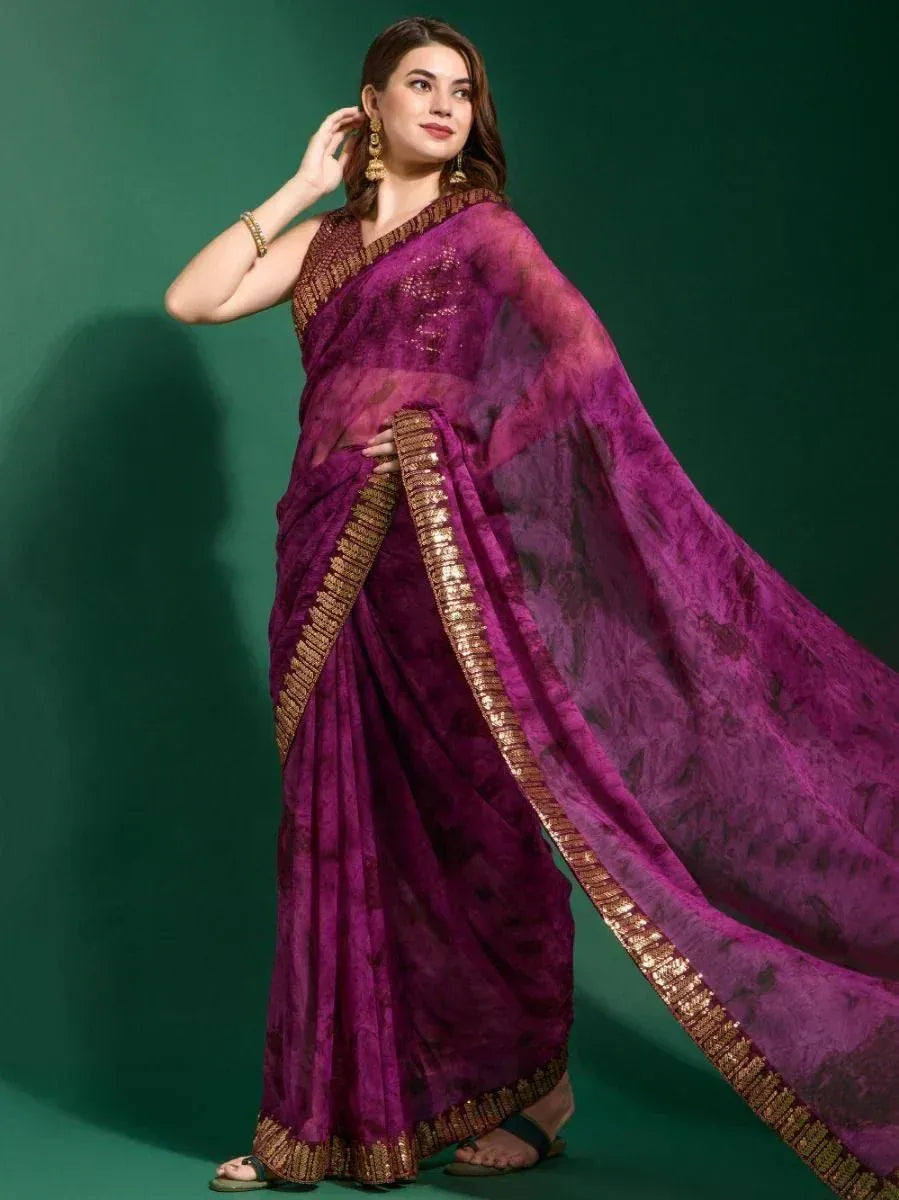 Purple designer saree with gold border, ethnic wear for women