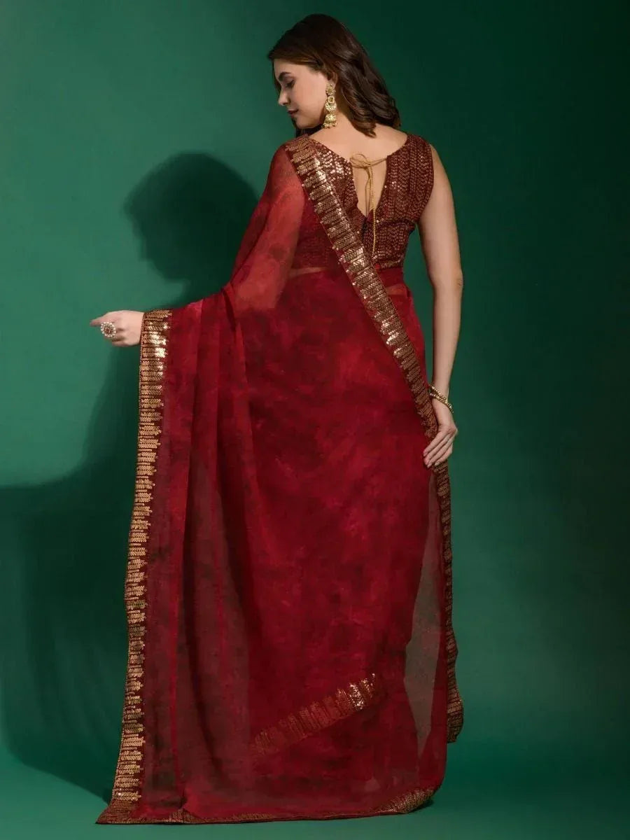 Red designer saree with gold border and sequin blouse, ethnic wear for women