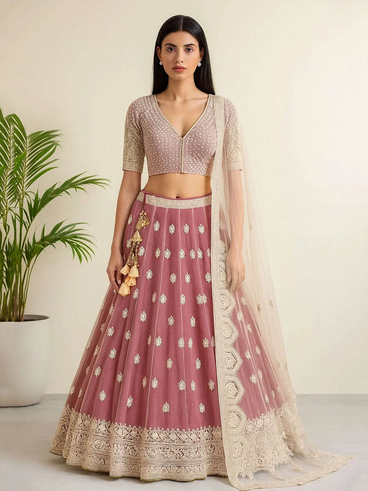 Dusty pink embroidered lehenga choli with gold detailing and sheer dupatta, Indian ethnic wear