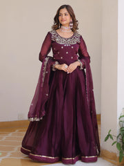 Alluring Wine Sequins Silk Festive Wear Gown With Dupatta
