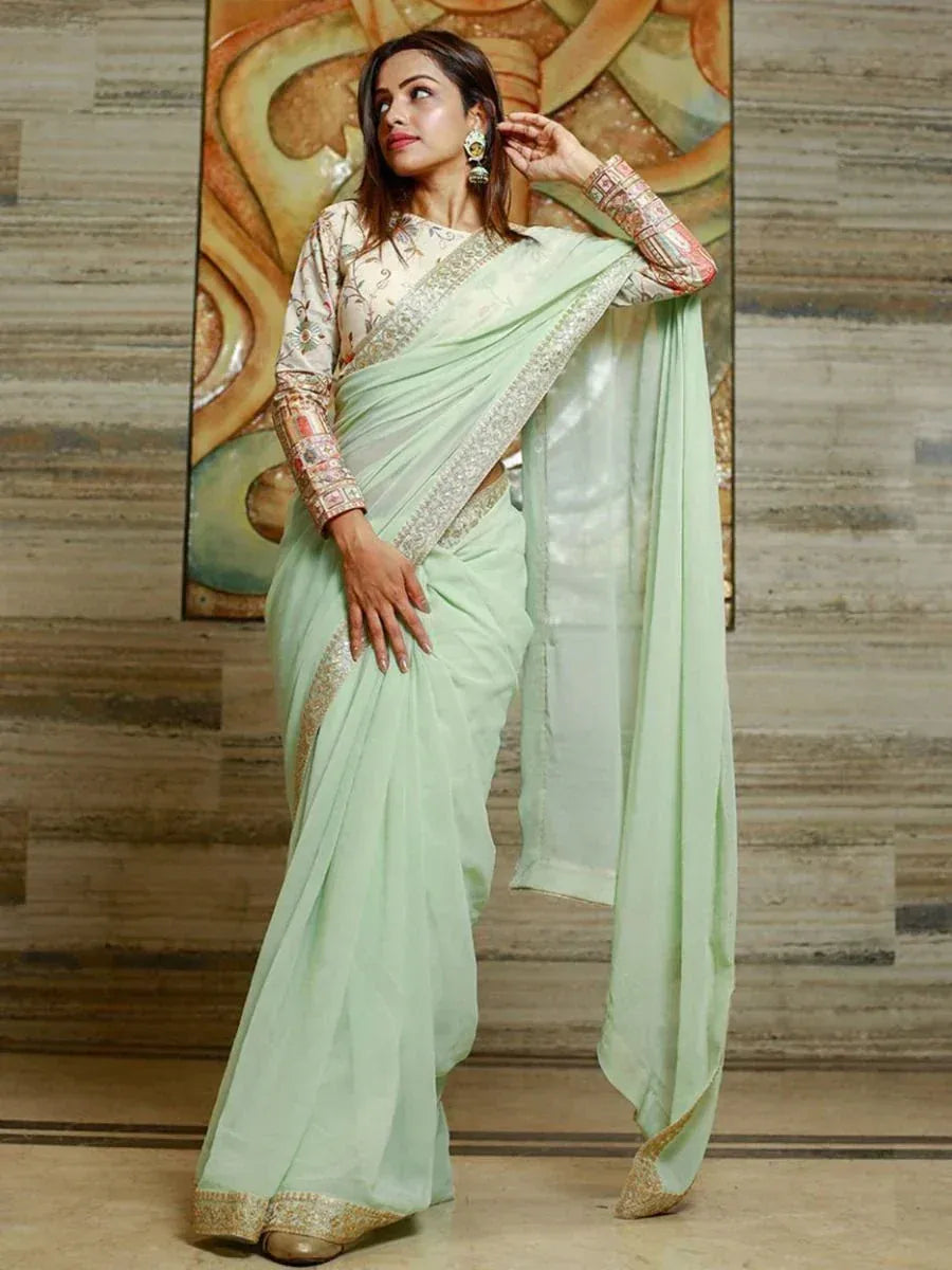 Mint green saree with gold border and embroidered blouse, Indian ethnic wear for women