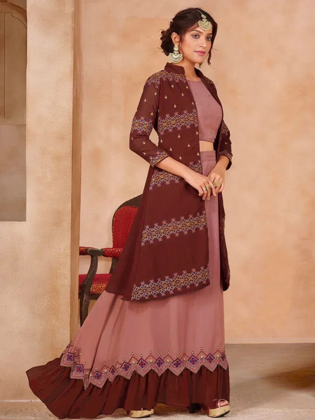 Maroon embroidered Indian ethnic sharara set with matching jacket and dupatta, perfect for weddings and festivals
