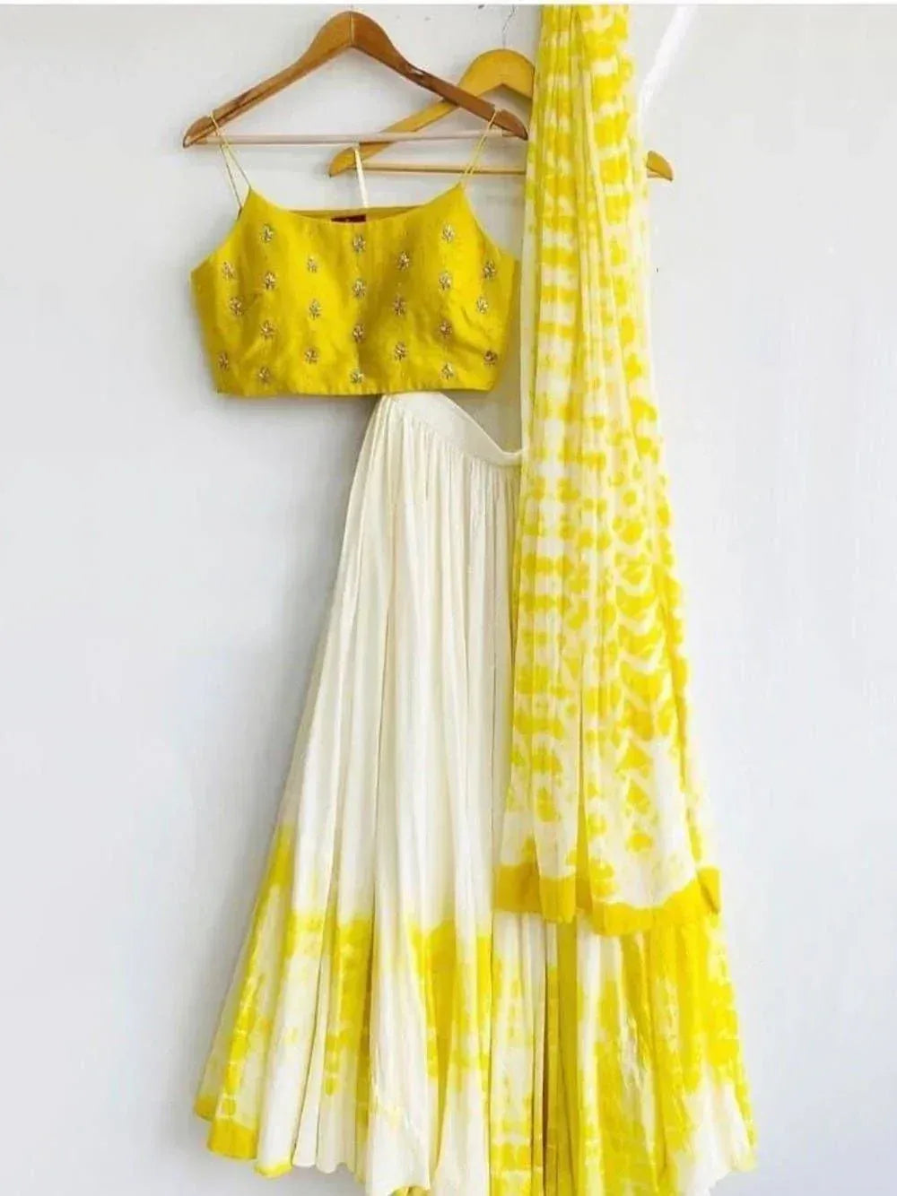 Yellow embroidered crop top with white pleated skirt and tie-dye dupatta, Indian ethnic wear