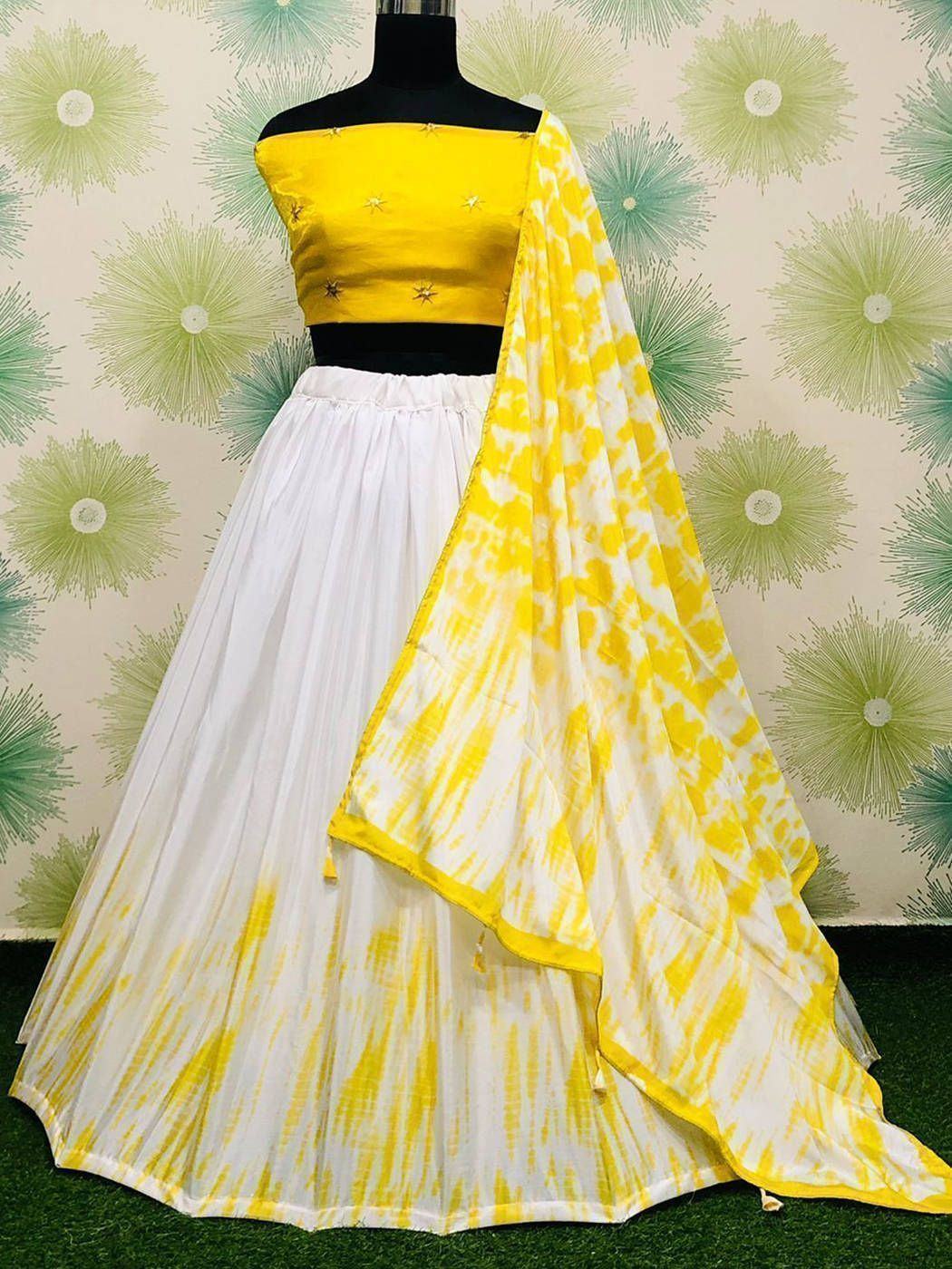 Astonishing White-Yellow Printed Silk festive Lehenga Choli