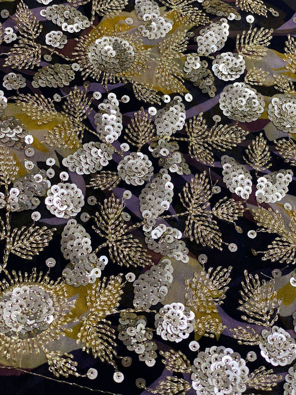 Luxury ethnic wear fabric with gold and silver sequin floral embroidery on dark base