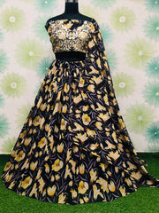 Beautiful Blue-Yellow Printed Georgette Silk Party Wear Lehenga Choli