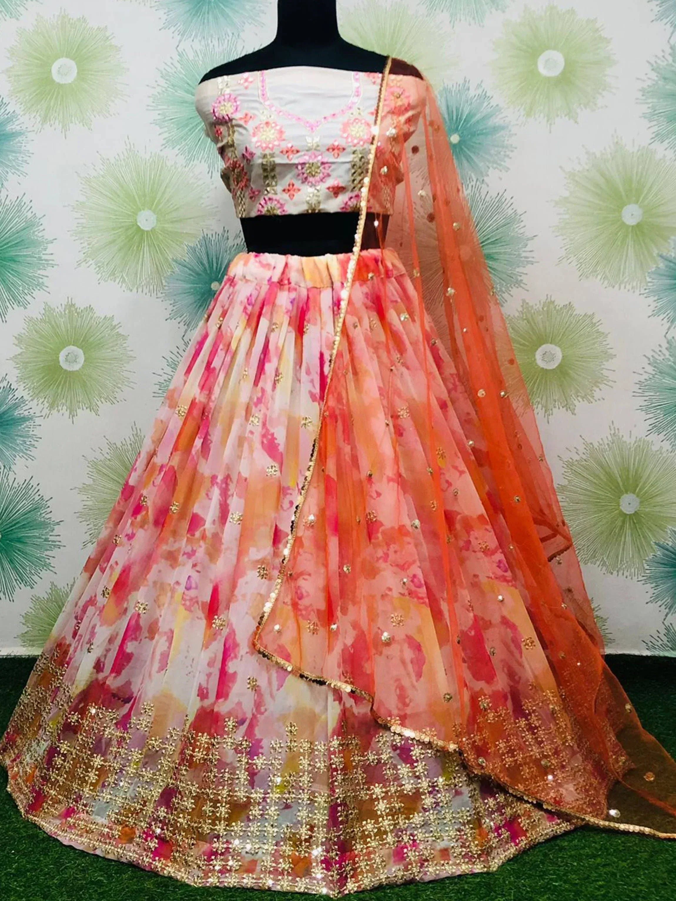 Pink floral lehenga choli with gold embroidery and orange dupatta, Indian ethnic wear
