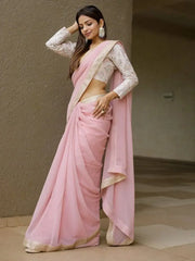 Captivating Pink Georgette Embroidered Marriage Wear Saree With Choli