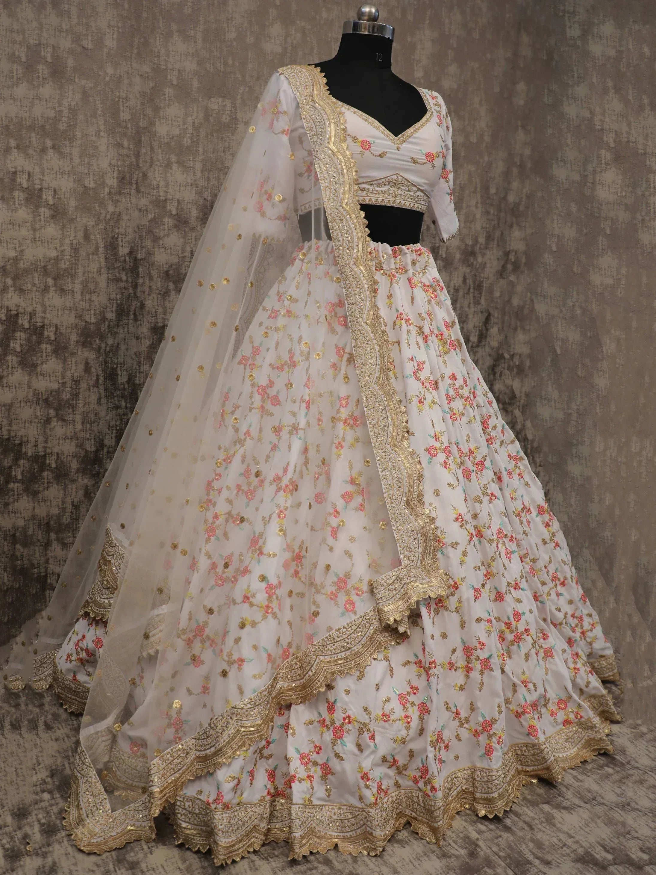 White floral embroidered lehenga choli with gold border and dupatta, Indian ethnic wear