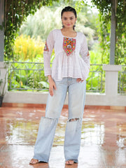 Timeless White Georgette Patch Work Navratri Wear Peplum Top