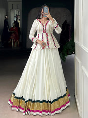 Astonishing White Lace Work Navratri Wear Peplum Top With Lehenga
