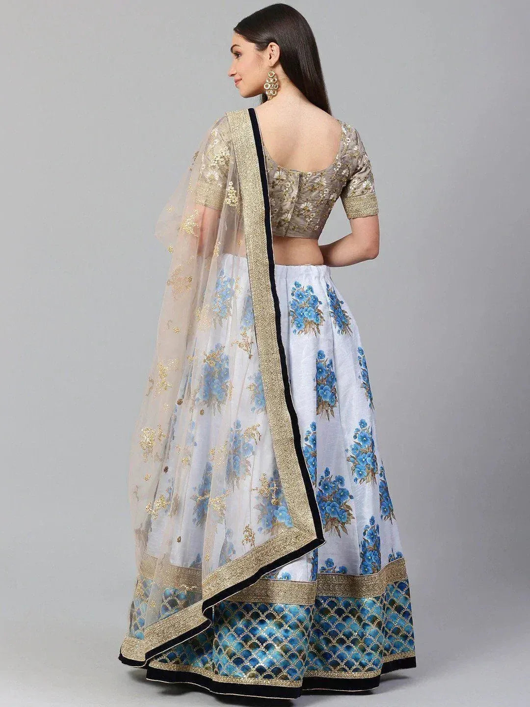Blue floral lehenga choli with gold embroidery and sheer dupatta, Indian ethnic wear