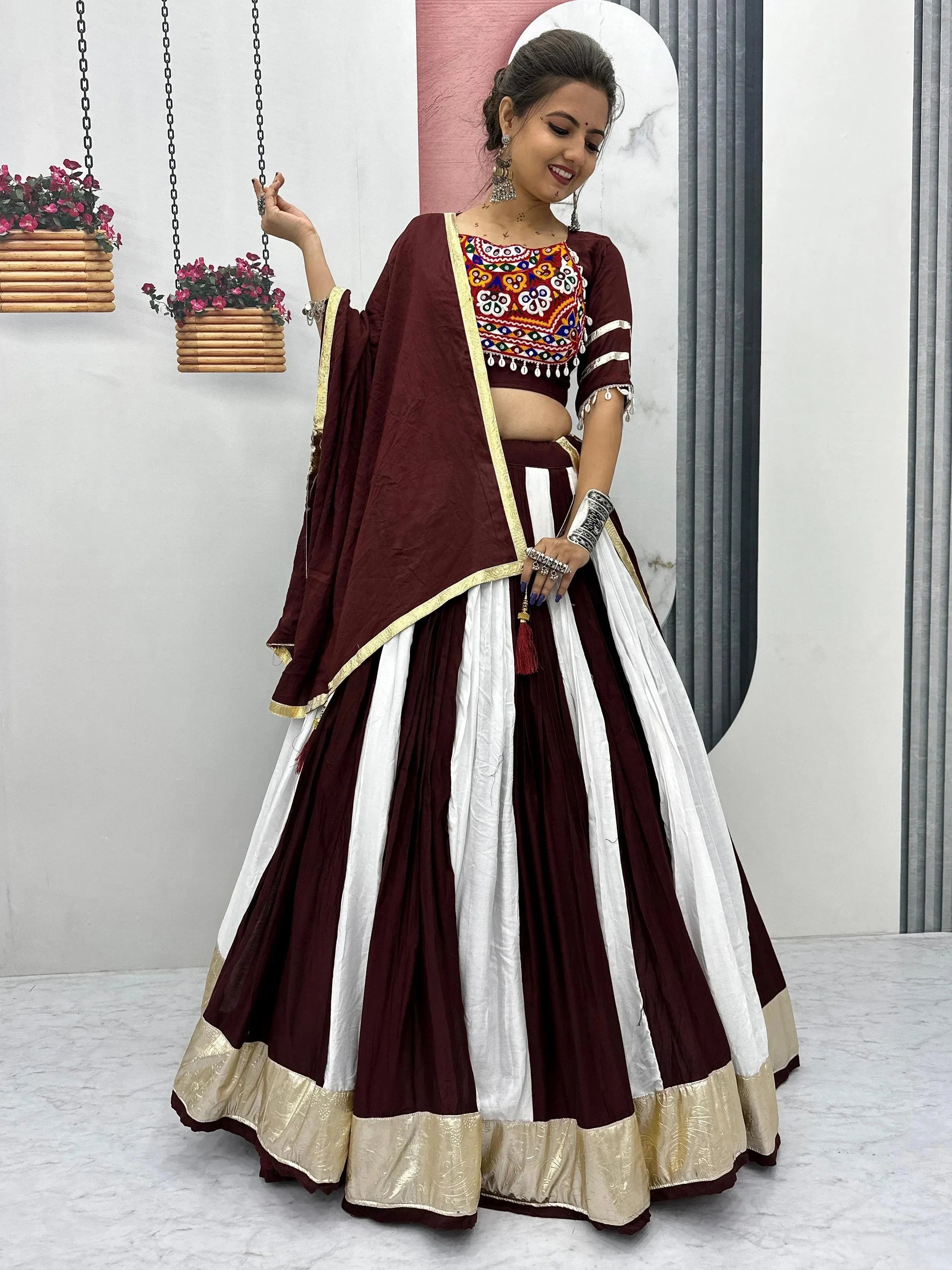 Stunning Maroon Cotton Gamthi Work Navratri Wear Lehenga Choli