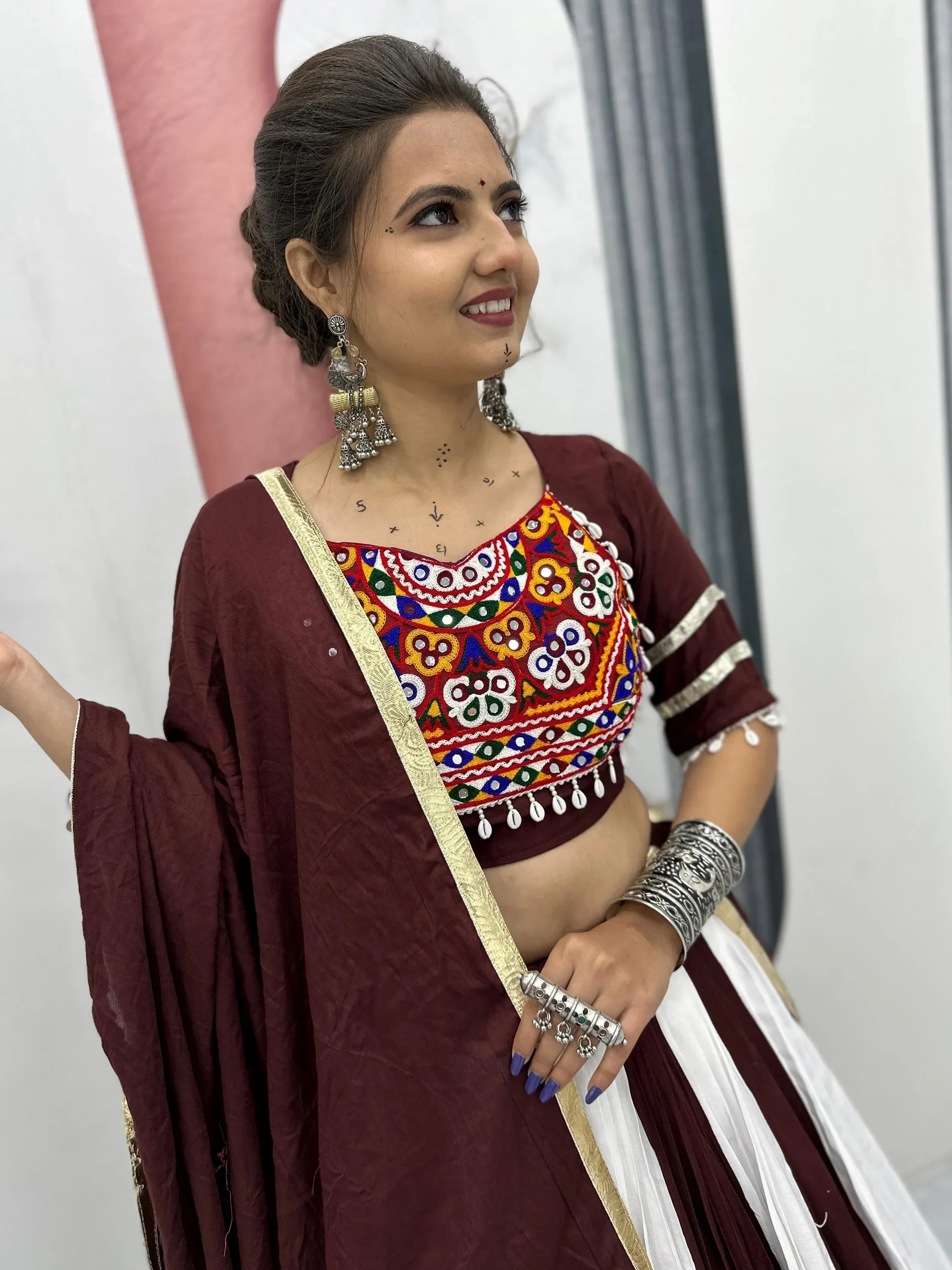 Stunning Maroon Cotton Gamthi Work Navratri Wear Lehenga Choli