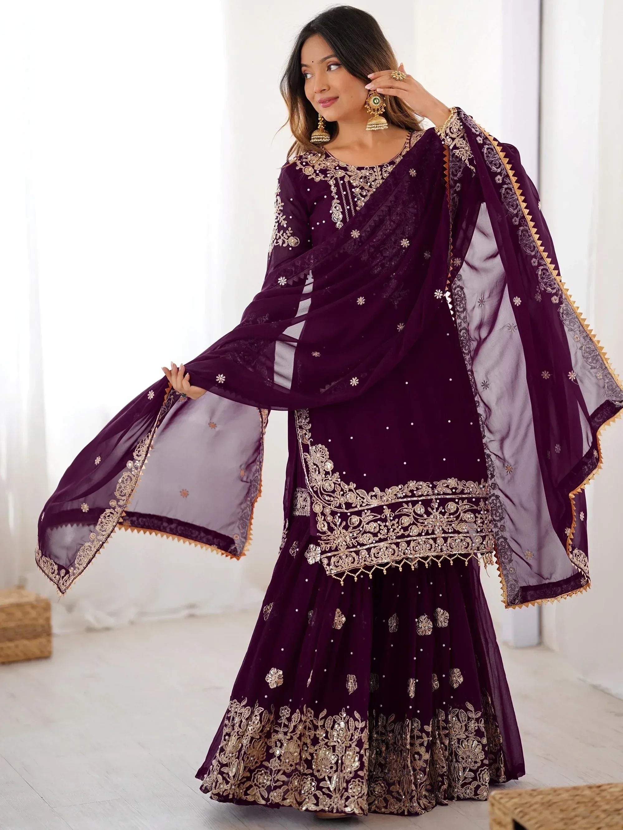 Glamorous Wine Embroidered Georgette Function Wear Sharara Suit