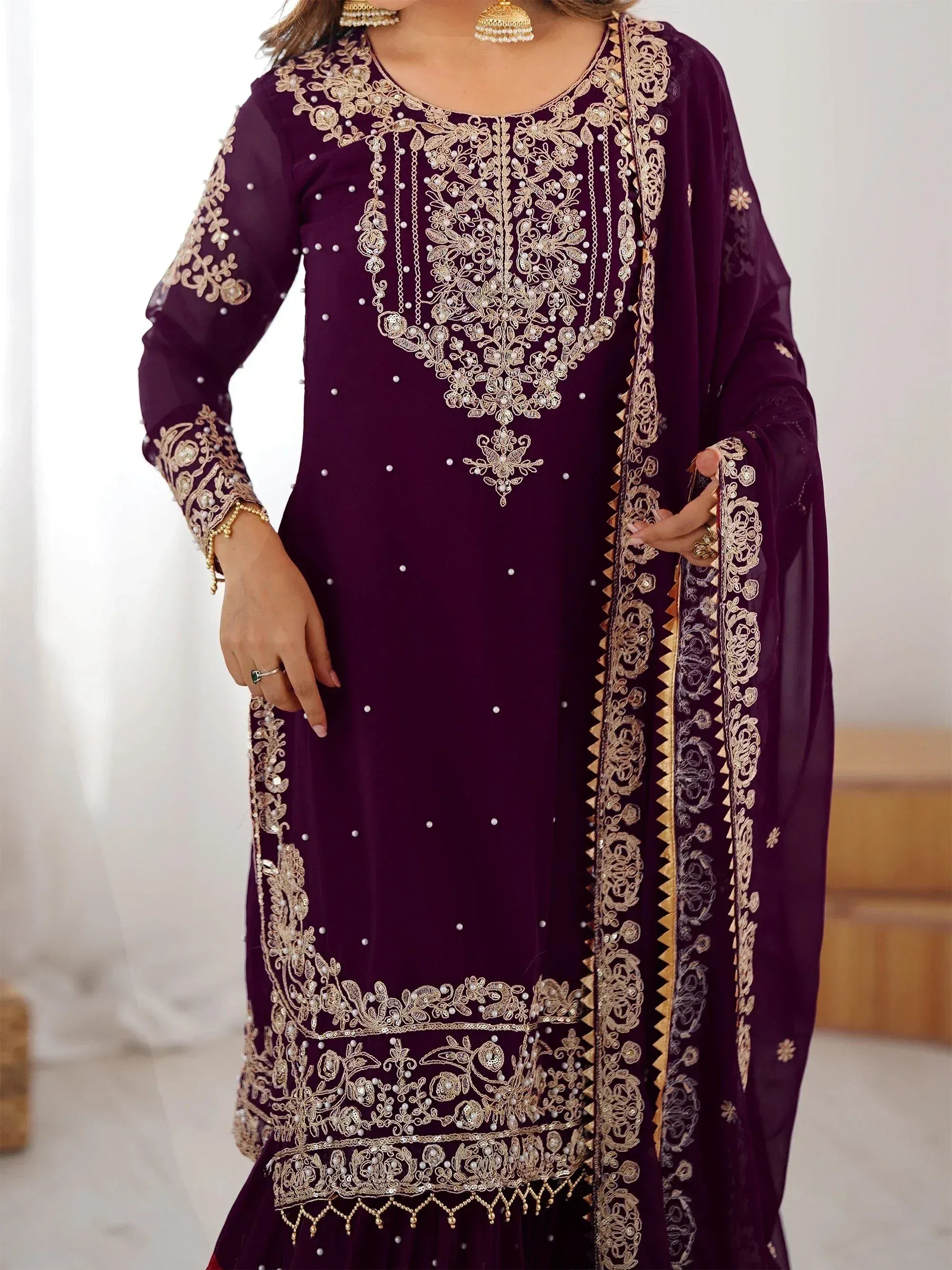 Glamorous Wine Embroidered Georgette Function Wear Sharara Suit