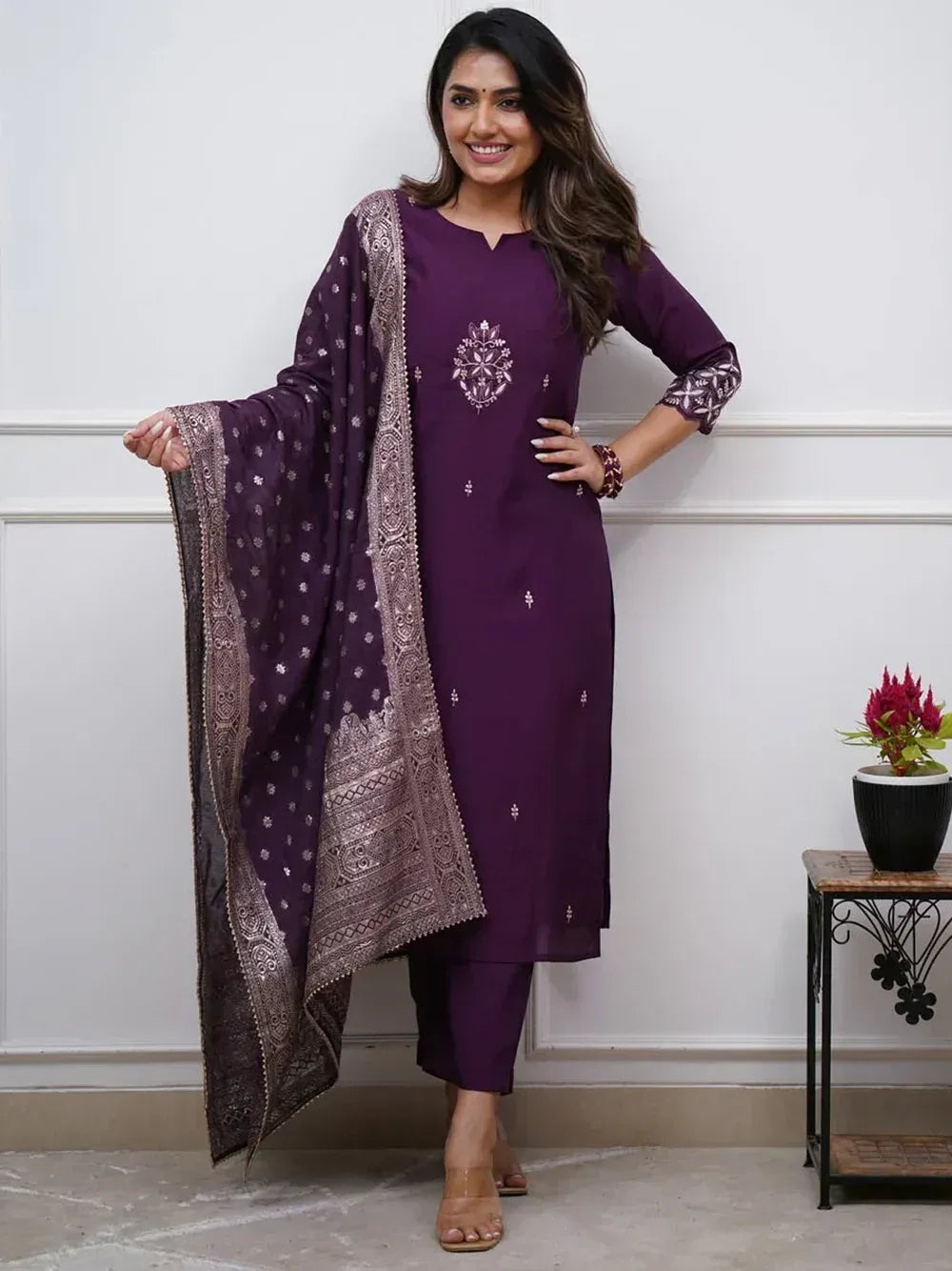 Purple embroidered kurta with matching palazzo and dupatta, Indian ethnic wear for women