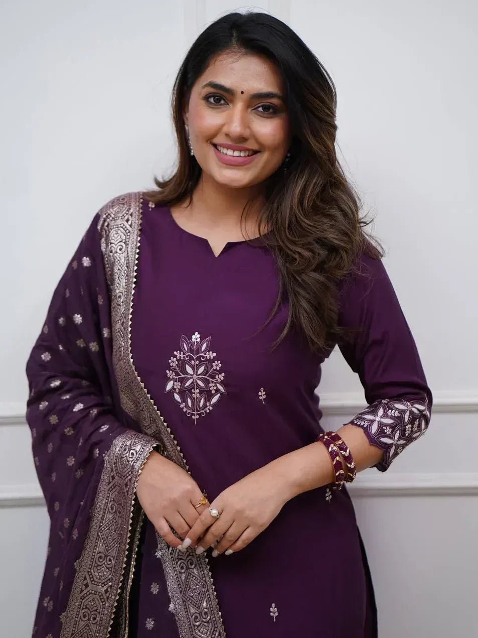 Purple embroidered salwar kameez with matching dupatta, ethnic Indian wear for women