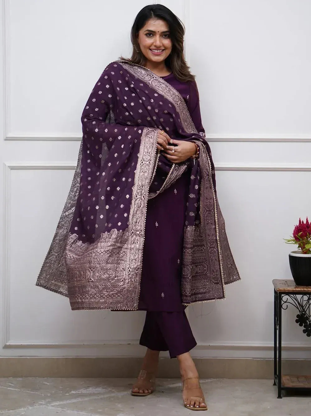 Purple ethnic salwar kameez with embroidered dupatta, perfect for Indian festive wear