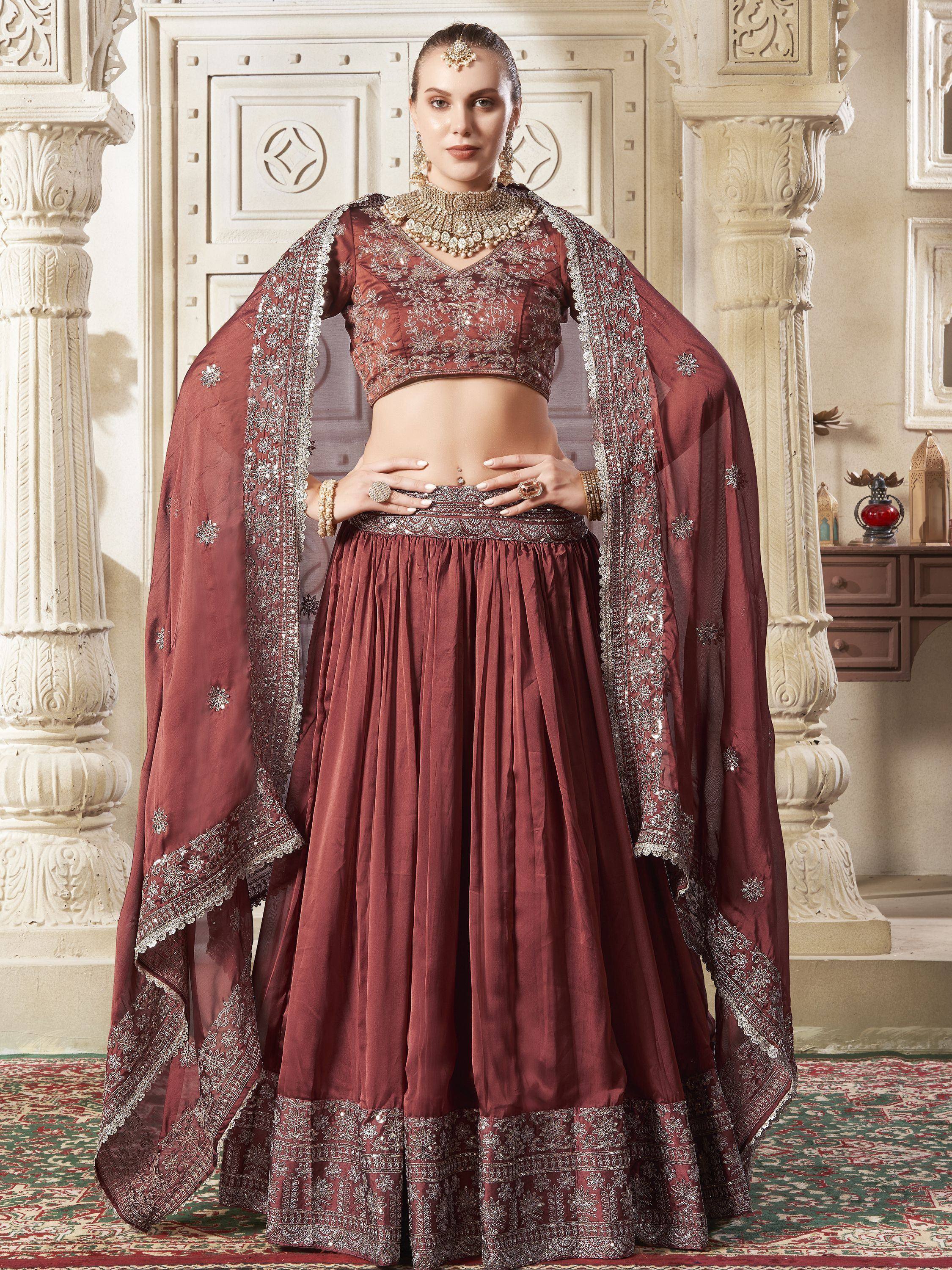 Maroon embroidered lehenga choli with dupatta, Indian ethnic wear for weddings and festivals