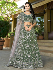 Impressive Green Viscose Zarkan Work Bridal Lehenga Choli With Dupatta