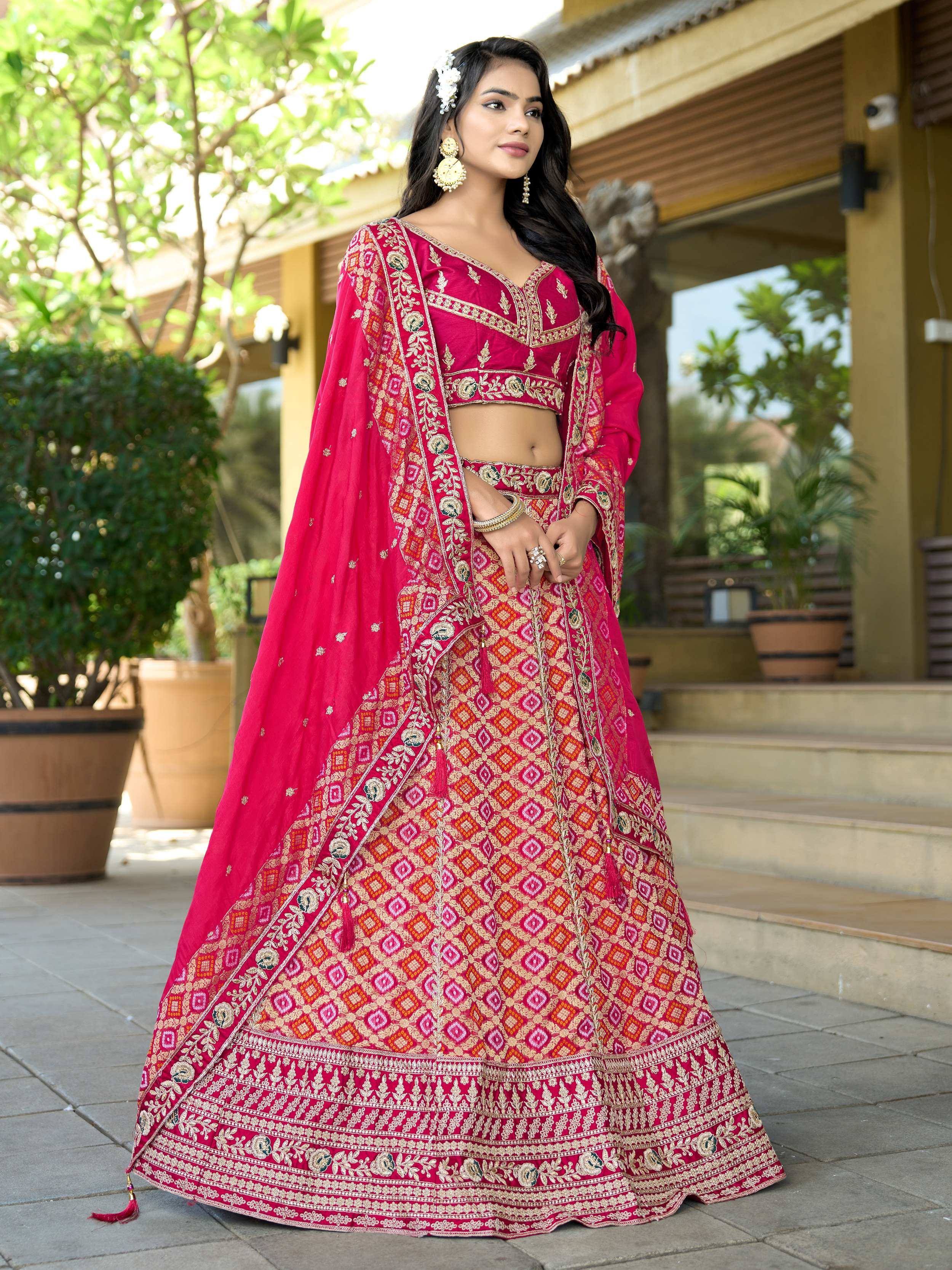 Pink embroidered lehenga choli with floral dupatta, Indian ethnic wear for weddings and festivals
