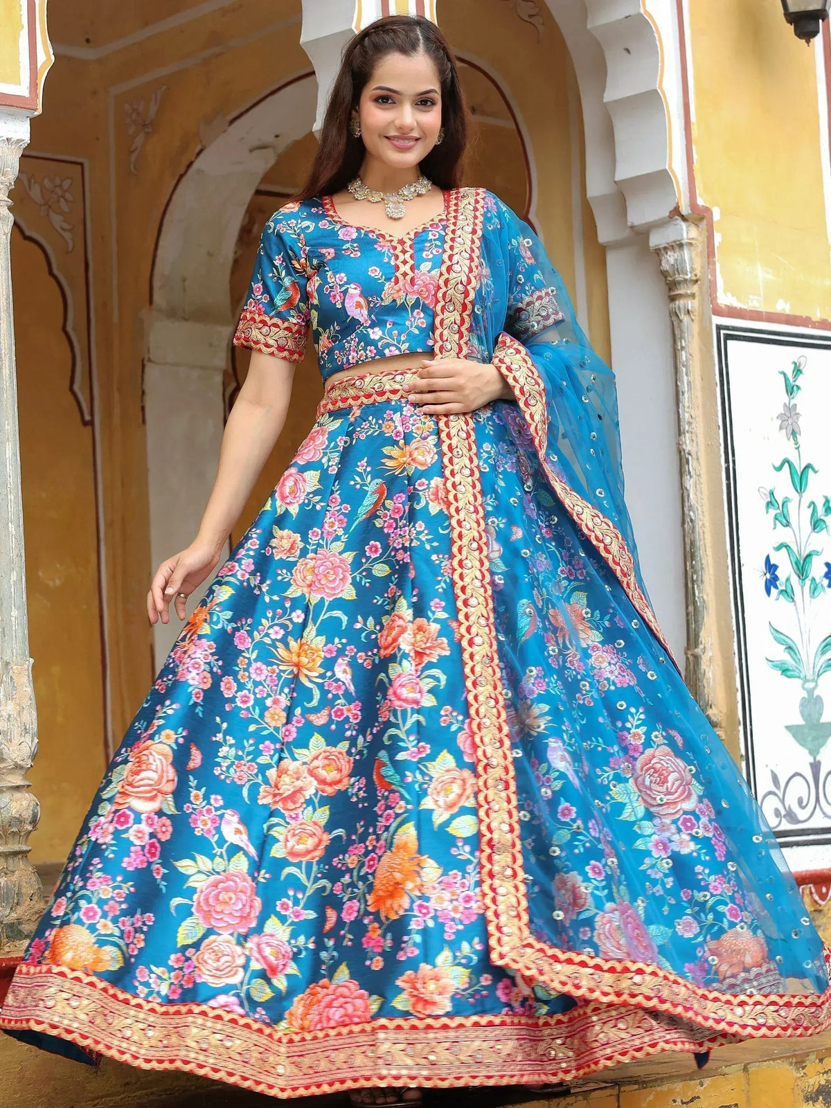 Blue floral lehenga choli with gold embroidery, Indian ethnic wear for women